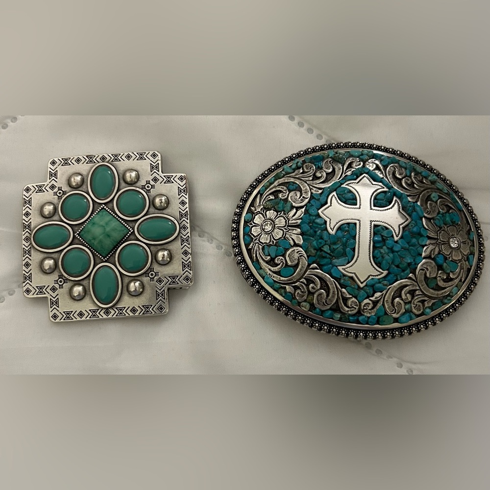 LOT of 2 Western Belt Buckle Nocona and Ariat Like New Turquoise Cross